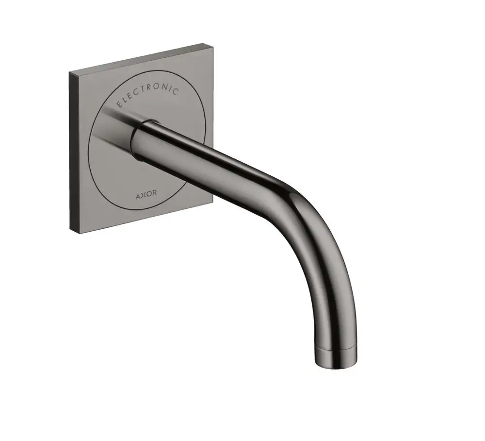 Wandmontierter Wasserhahn von AXOR mit geradem, gebogenem Auslauf und quadratischer Abdeckplatte in Polished Black Chrome.